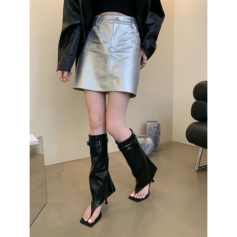 2023ins fashion flip-toe metal belt buckle stiletto high heels high-top sandals giày nữ