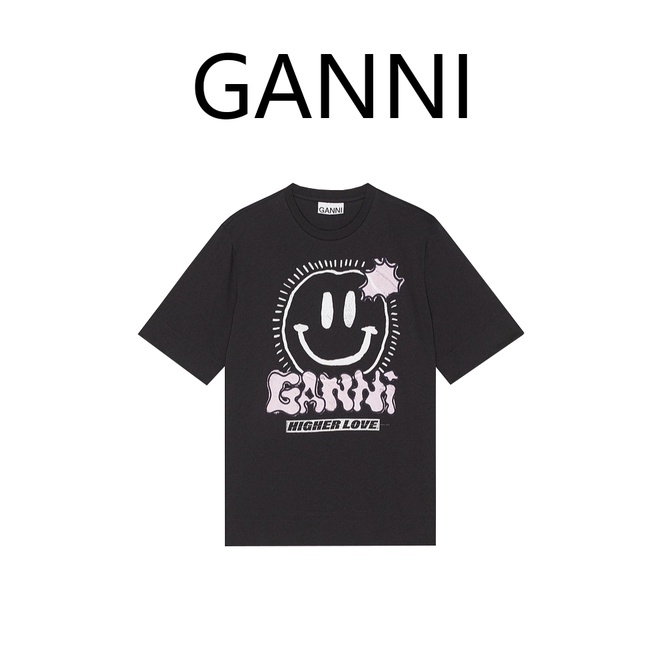 Ganni ladies letter smiley face in cổ tròn tay ngắn áo thun lỏng thường t-shirt tay ngắn