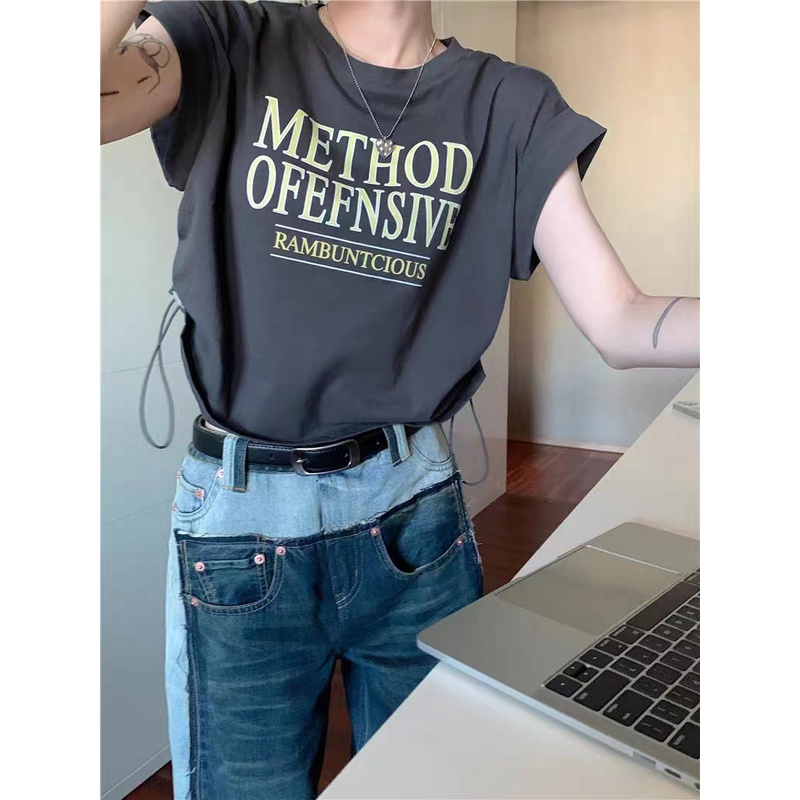 GgFashion Áo Thun Nữ Cổ Tròn In Hoa Văn, Tay Ngắn, Phong Cách Cổ Điển Và Thoải Mái, Dây Rút Phía Bên