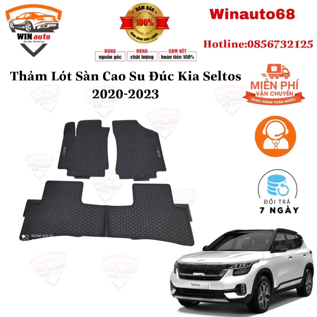 Thảm sàn Seltos, Thảm lót sàn cao su xe Kia Seltos 2020- 2021- 2022, Mẫu tổ ong chữ trắng, loại đúc chuẩn xe, không mùi