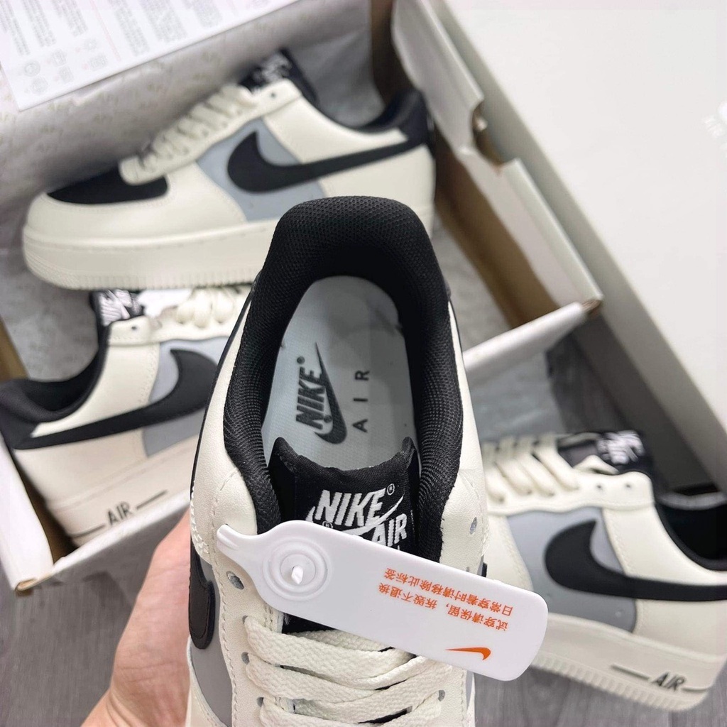 Giày thể thao sneaker af1 vệt đen cream black cao cấp, giày air force 1 màu be tích đen nam nữ full bill box G289