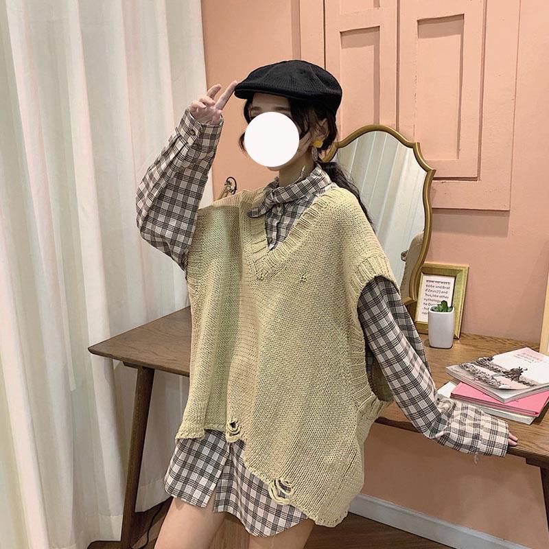 Set Áo Len Không Tay + Áo Sơ Mi Dài Tay Phong Cách Hàn Quốc Dành Cho Nữ