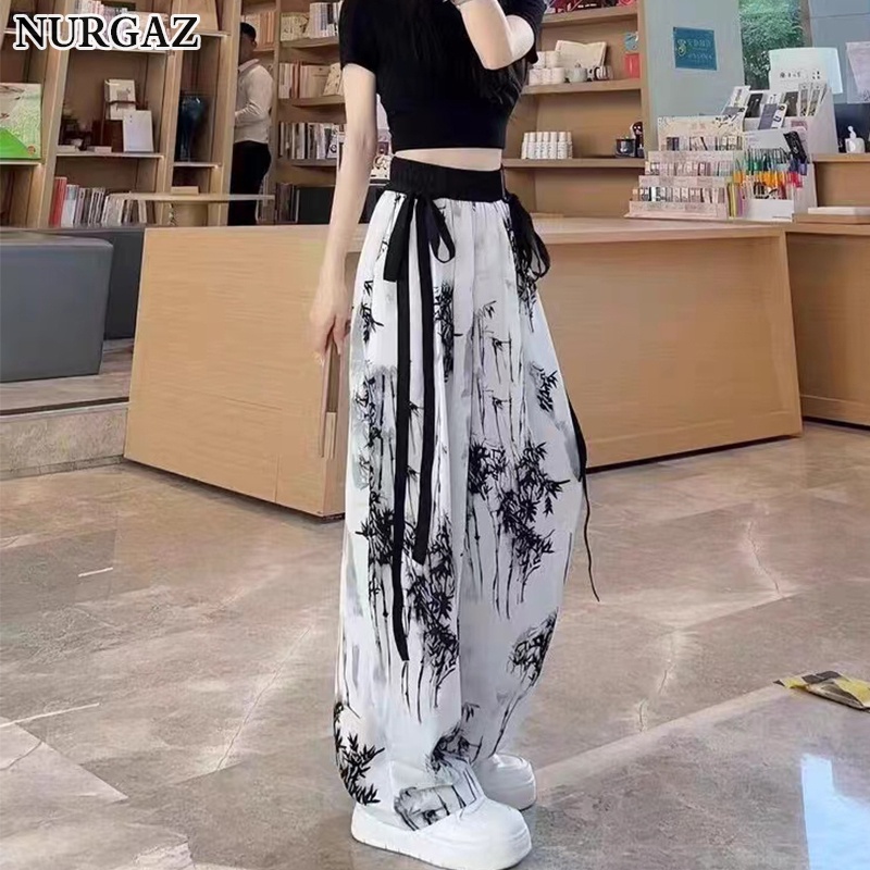 Nurgaz ice silk quần ống rộng cỡ lớn quần thẳng thông thường dành cho nữ hoạt động ngoài trời quần lau nhà thông thường