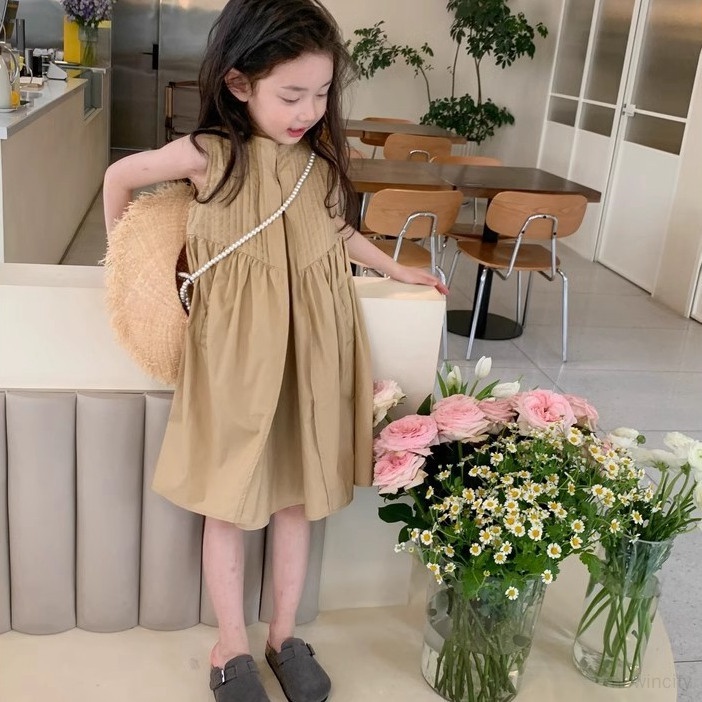 Trẻ em hàn quốc cô gái thường không tay xù váy đồng màu