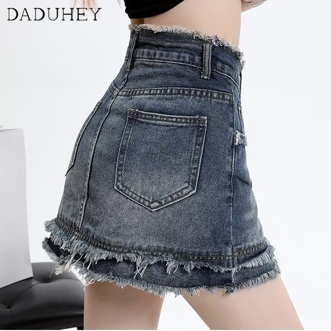 Chân váy denim DADUHEY dáng chữ A lưng cao viền thô túi hông phong cách Hàn Quốc mới