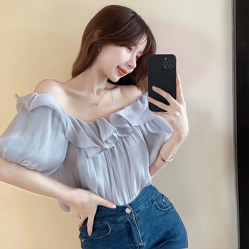 LIVE GREAT  Áo Sơ Mi chiffon Trễ Vai Viền Bèo Thời Trang Mùa Hè Cho Nữ