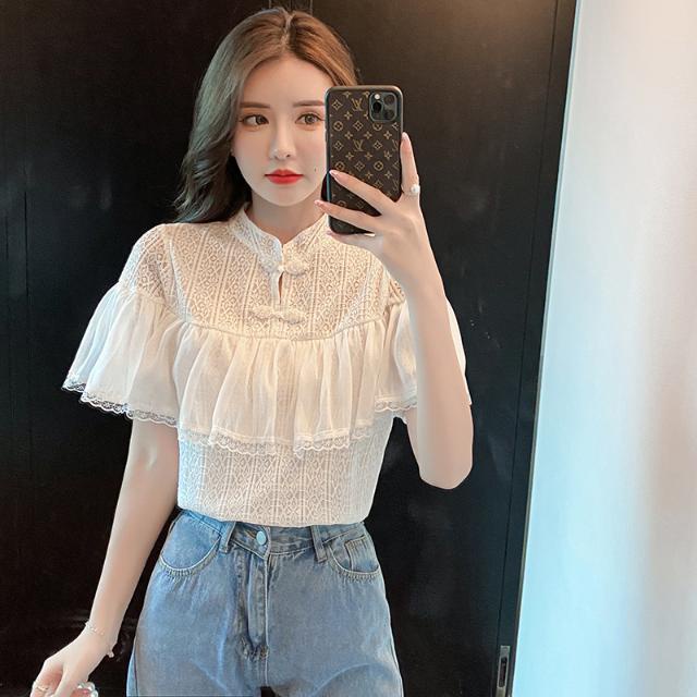 Áo Kiểu Tay Ngắn Cổ Đứng Phối Ren Bèo Thời Trang Mùa Hè Xinh Xắn Cho Nữ