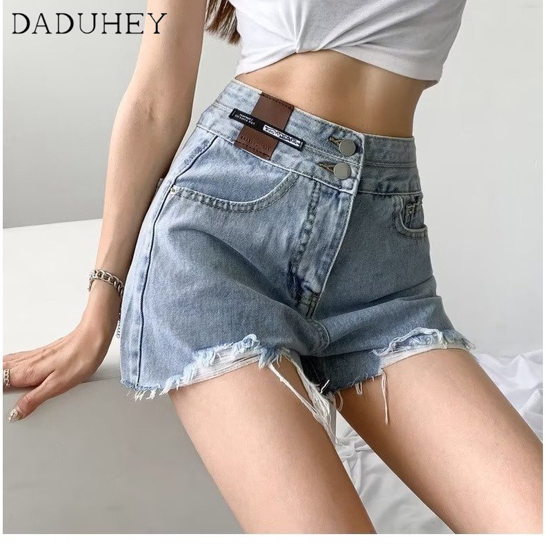 Quần short DADUHEY denim dáng rộng lưng cao thiết kế rách phong cách Hàn Quốc thời trang dành cho nữ cỡ lớn