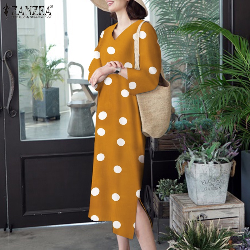 Zanzea Đầm Tay Lửng Cổ Chữ V Họa Tiết Chấm Bi Phong Cách Hàn Quốc Dành Cho Nữ