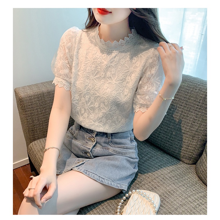 Áo Sơ Mi Ren Tay Ngắn Phồng Ôm Dáng Mẫu Mới 2023 Thời Trang Mùa Hè Cho Nữ