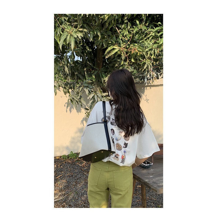 Túi Xách Đeo Vai Vải Canvas Họa Tiết Xương Cá Kiểu Hàn Quốc Dễ Thương Cho Nữ