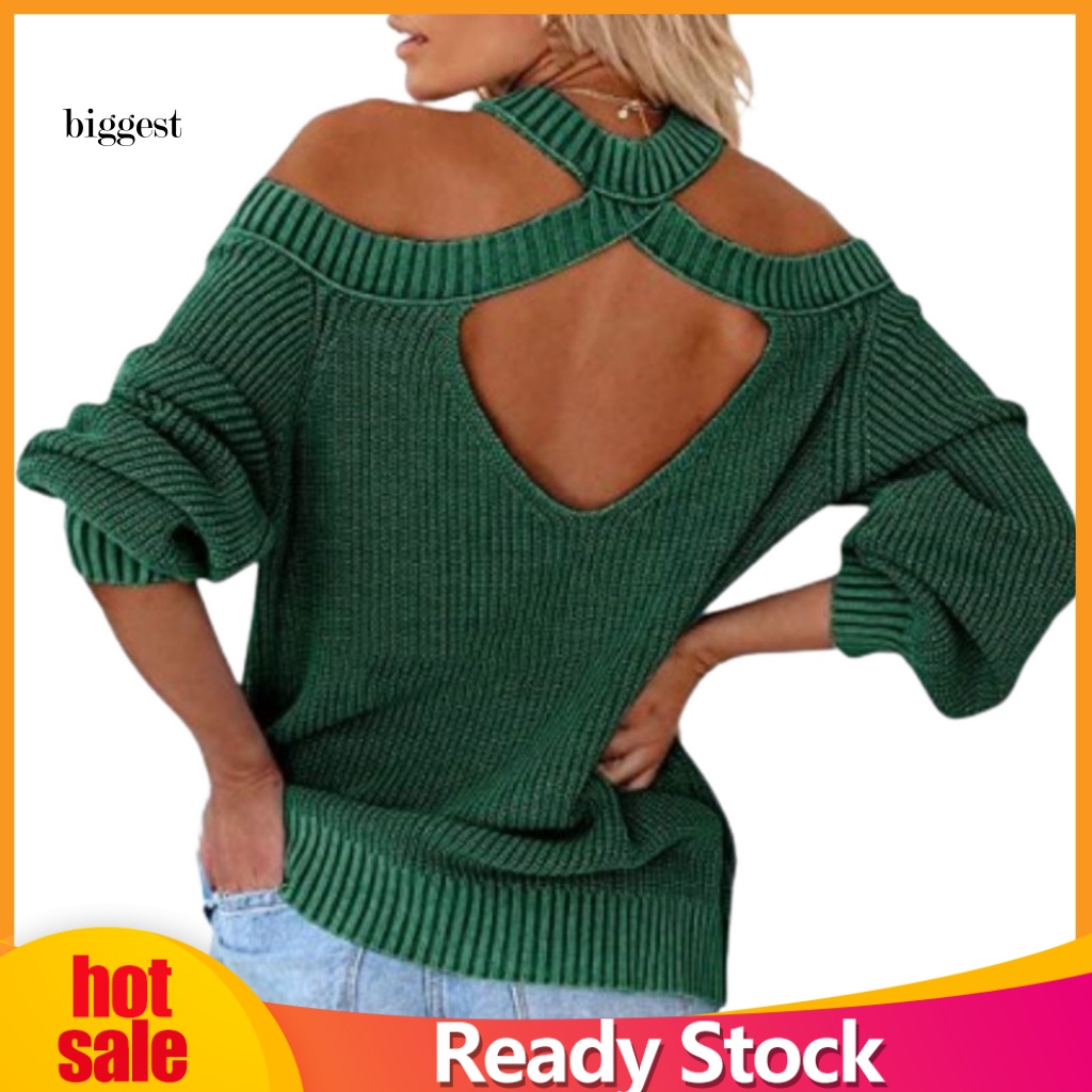 Áo Sweater Dệt Kim Cổ Tròn Hở Vai Đan Dây Chéo Lưng Gợi Cảm Mặc Hàng Ngày