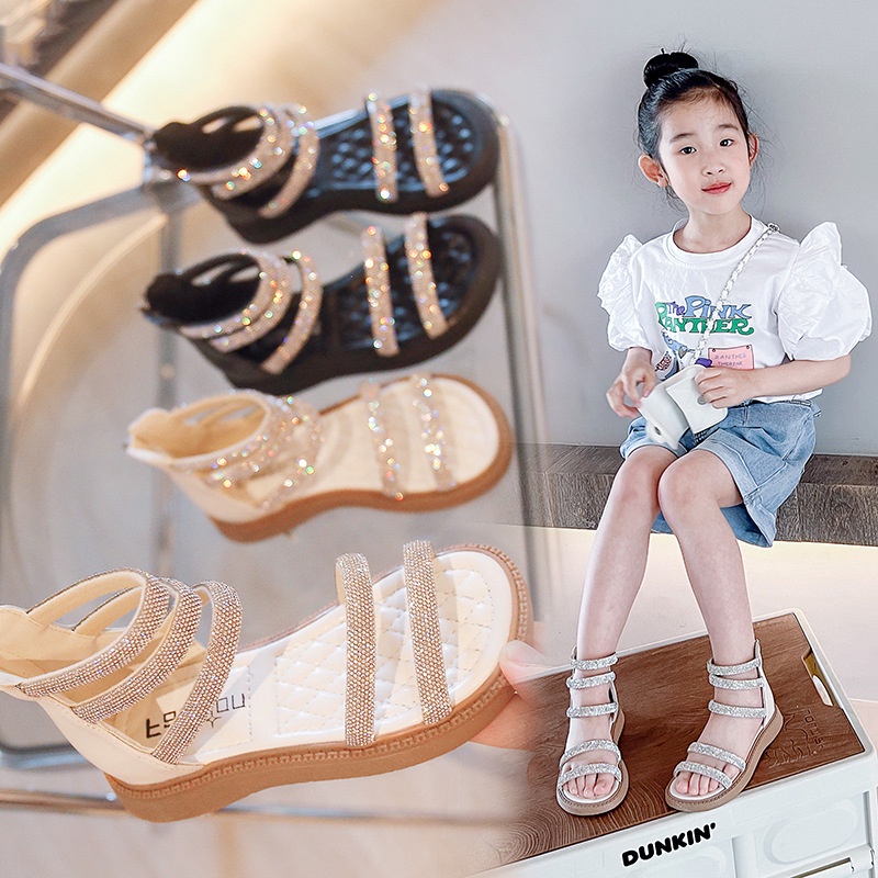 Giày Sandal Công Chúa Đính Đá Pha Lê Có Dây Kéo Phong Cách Mùa Hè Hợp Thời Trang Dễ Phối Đồ Cho Bé Gái