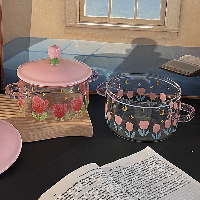 Tô Ăn Mì Ăn Liền Bằng Thủy Tinh Dung Tích Lớn Có Nắp Đậy Hai Tai Dành Cho Học Sinh / Văn Phòng