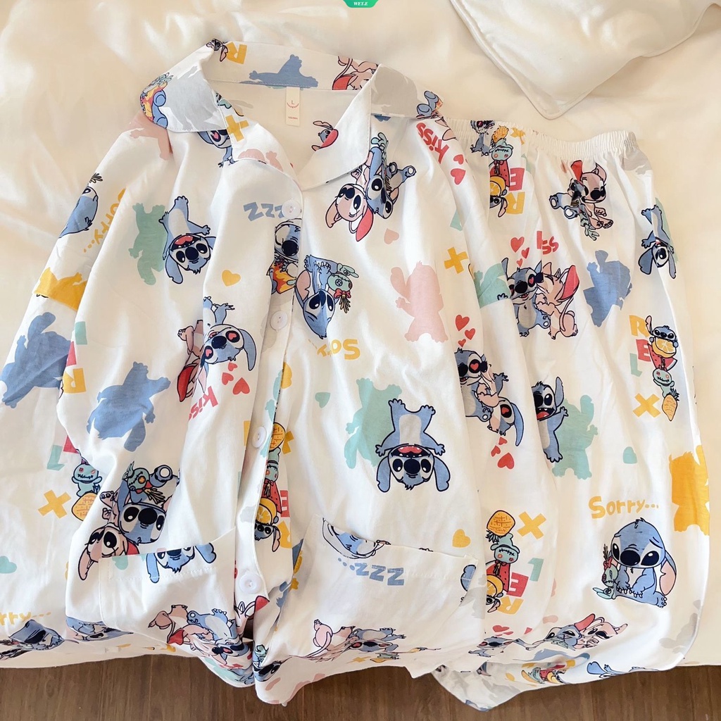 Bộ Đồ Ngủ Tay Dài In Họa Tiết Hoạt Hình Stitch Phong Cách Nhật Bản Thời Trang Xuân Thu 2023 Cho Nữ