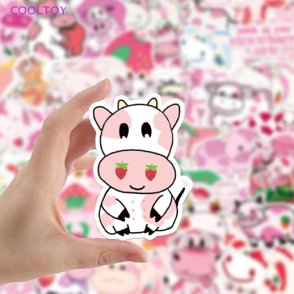 Cooltoy Set 50 Sticker Dán Laptop Hành Lý Ván Trượt Hình Bò Sữa Dâu Hoạt Hình Màu