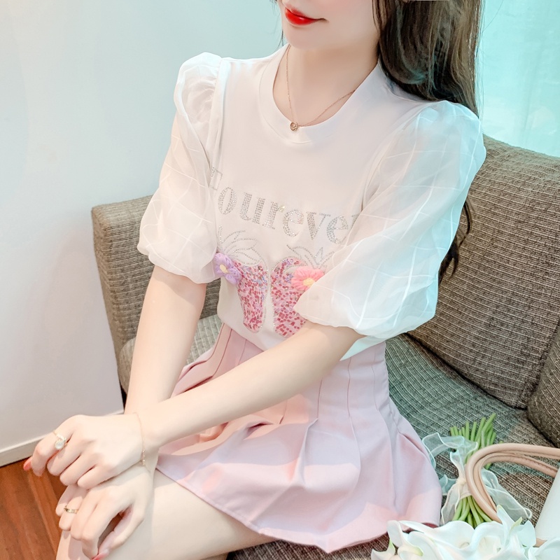 Áo Kiểu Tay Phồng Đính Kim Sa Ba Chiều Họa Tiết Hoa Dâu Tây Thời Trang Mùa Hè Đa Ứng Dụng