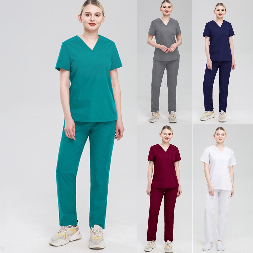 Mới Bộ Áo Thun Ngắn Tay Cổ Chữ V + Quần Dài Đồng Phục Y Tá / Bác Sĩ Y Tế Thấm Hút Mồ Hôi Thoáng Khí Thời Trang Unisex