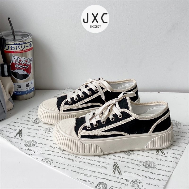 Giày Thể Thao Vải Bạt Mũi Tròn Cột Dây Phối Màu Thời Trang Ulzzang