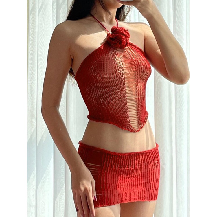 Kliou 2023 Mới Set Áo Hai Dây Dệt Kim Họa Tiết Hoa Và Chân Váy Mini Lưng Cao Thời Trang Kliou 2023 Cho Nữ