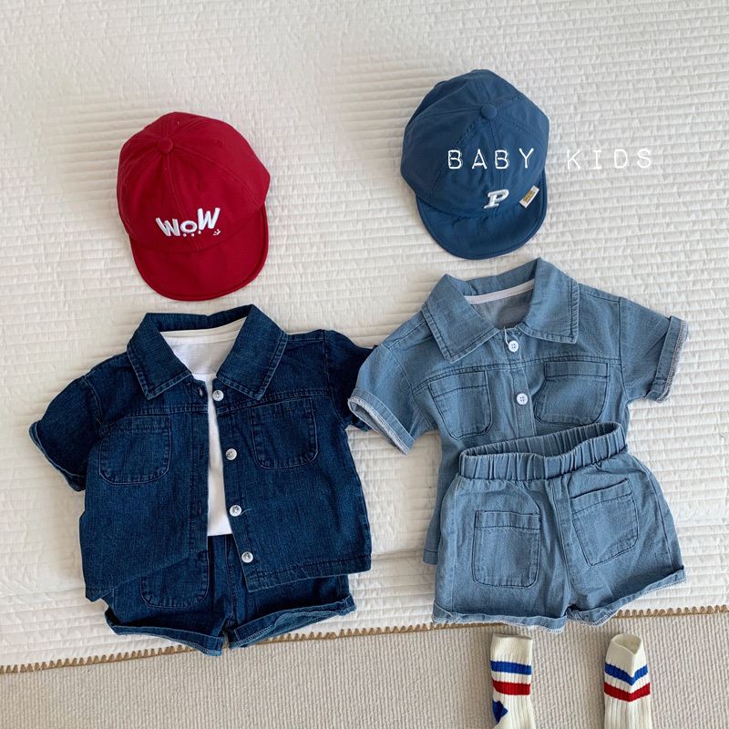 Bộ Áo Sơ Mi Denim Ngắn Tay + Quần Short Thời Trang Mùa Hè Cho Bé Trai