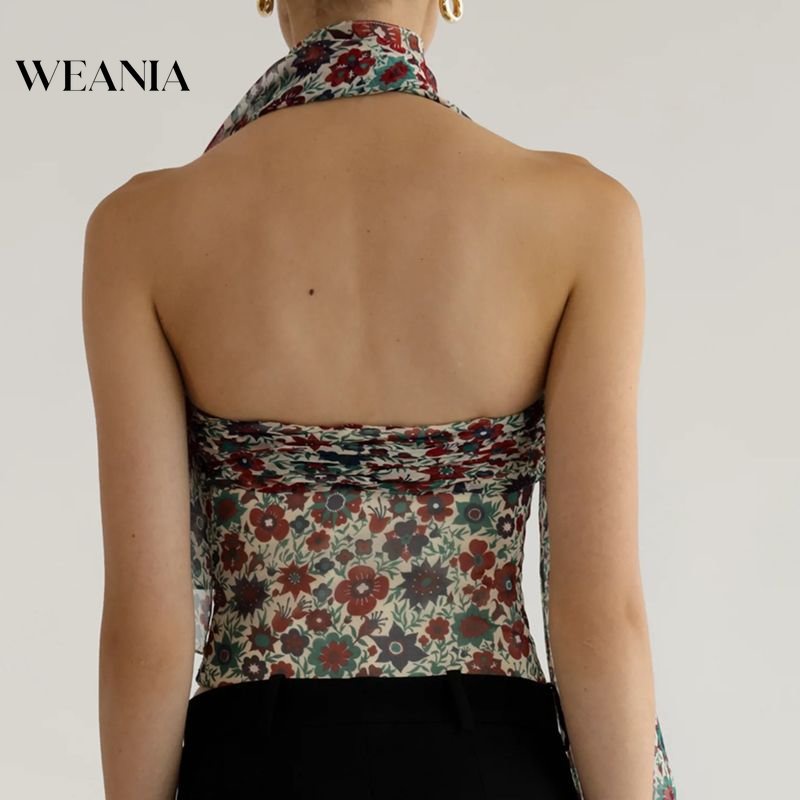 Weania Áo Ống Ngắn Mỏng Vừa Vặn Hở Vai In Họa Tiết Phong Cách Cổ Điển