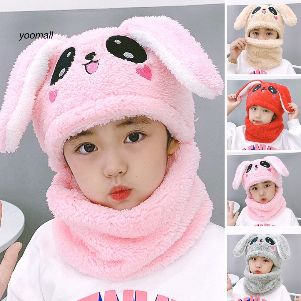 Mũ Trùm Đầu Giữ Ấm Mùa Đông Mềm Mại Thêu Hình Tai Thỏ Dễ Thương Cho Bé Gái