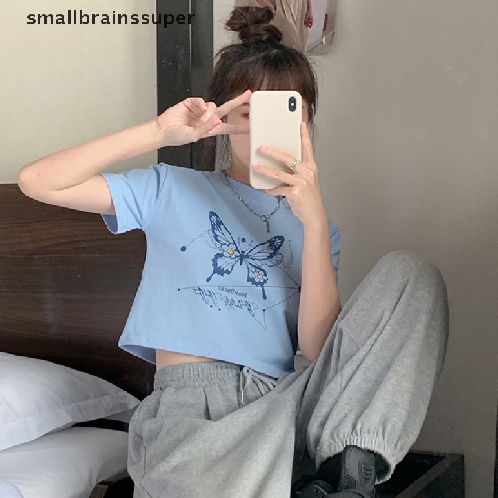 Áo Thun Croptop Tay Ngắn Cổ Tròn Dáng Ôm In Họa Tiết Bướm Thời Trang Mùa Hè Xinh Xắn Cho Nữ