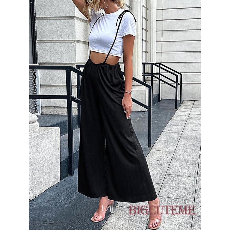 [] Quần Yếm Dài Ống Rộng Lưng Cao Không Tay Màu Đen Giản Dị Dành Cho Nữ