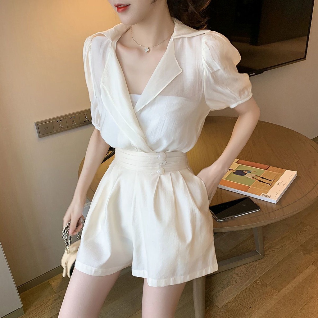 Áo Sơ Mi Voan Cổ V Kèm Quần Short Chữ A Lưng Cao Ống Rộng Thời Trang Mùa Hè Cho Nữ