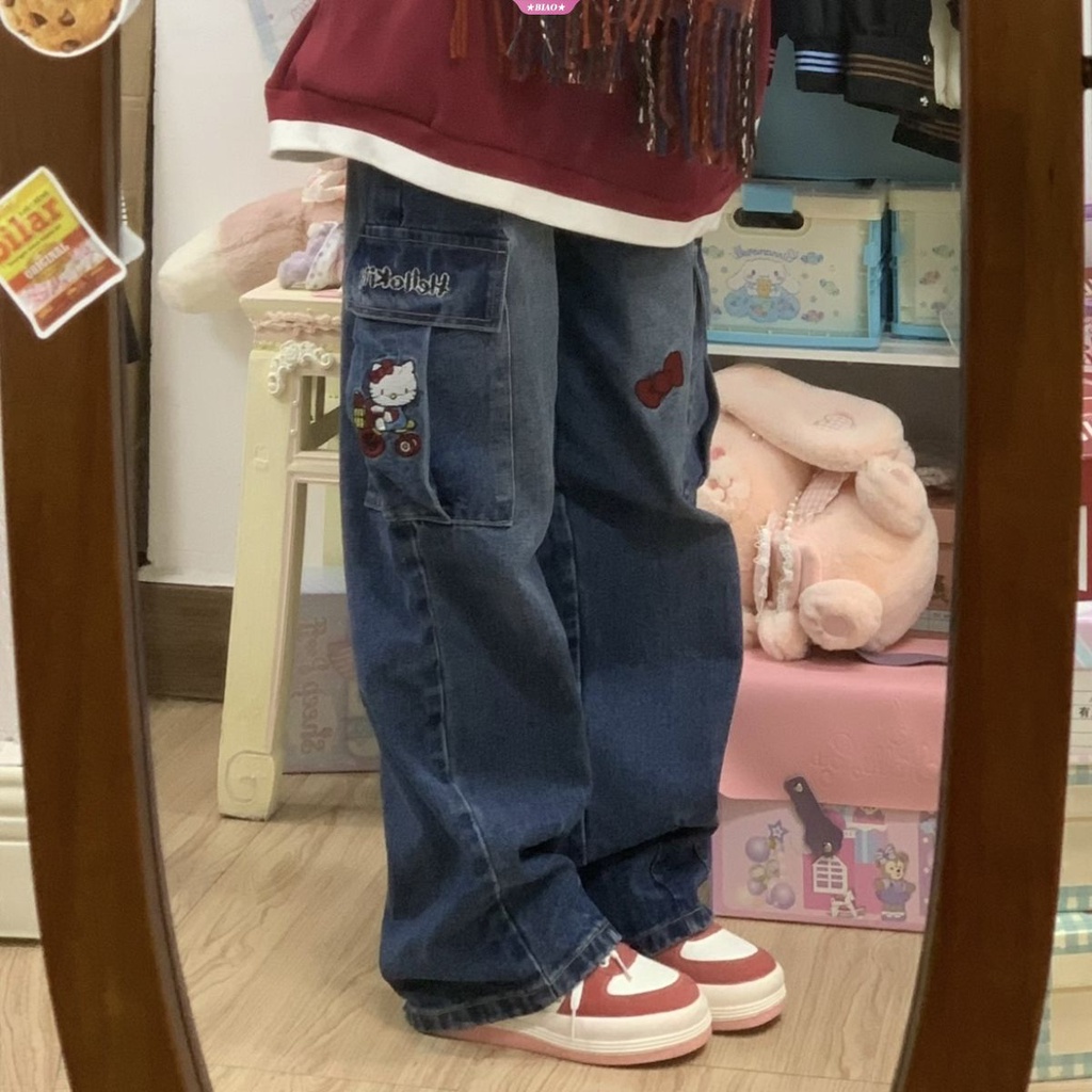 Quần Jean Nữ Ống Rộng Họa Tiết Sanrio Hello Kitty Y2k