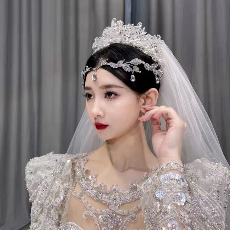 Băng Đô Cài Tóc Hình Lá Đính Kim Cương Giả Lấp Lánh Kiểu Hàn Quốc Cho Cô Dâu