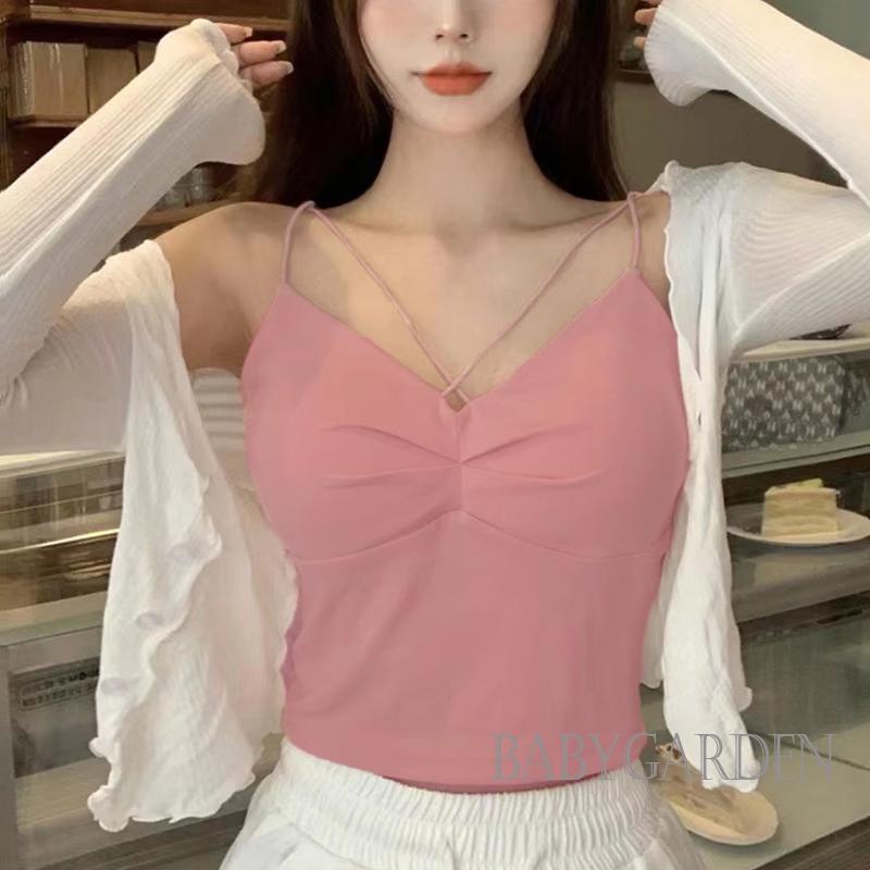Babygarden Áo Hai Dây Mỏng Mùa Hè Ôm Sát Màu Trơn Dây Chéo Có Đệm Ngực Màu Trắng / Đen / Hồng / Xanh Dương Cho Nữ