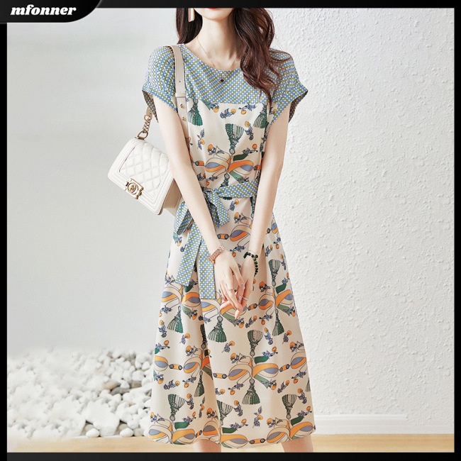 Đầm Dáng Chữ A Tay Ngắn Cổ Tròn Cột Dây In Họa Tiết Cổ Điển Thời Trang Mùa Hè Xinh Xắn Cho Nữ