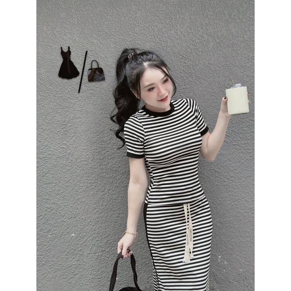 Set Đầm Sọc Bút Chì Dây Thừng Áo Croptop Tay Ngắn Viền alohashop91