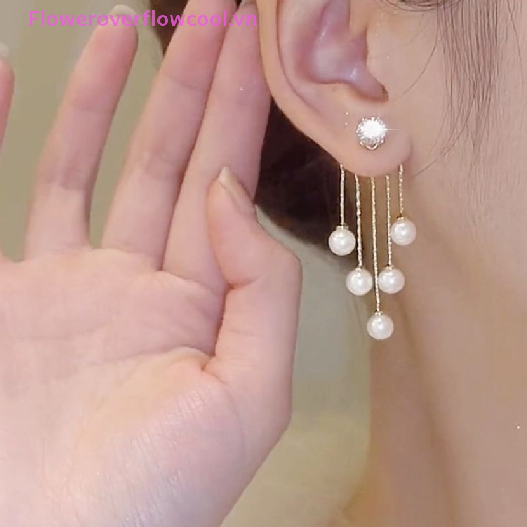 Hoa Tai Dáng Dài Đính Ngọc Trai Phối Tua Rua Phong Cách Hàn Quốc