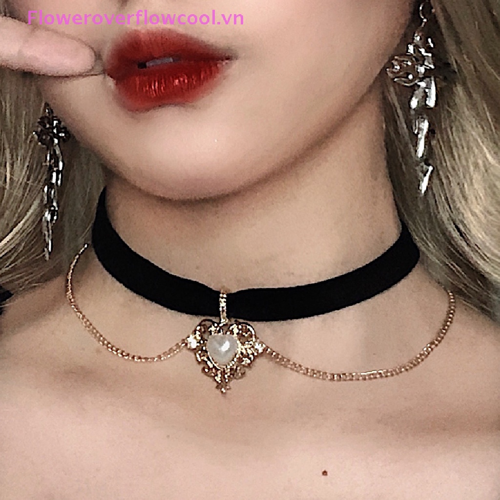Vòng Cổ Choker Dây Nhung Đen Mặt Trái Tim Phong Cách Vintage