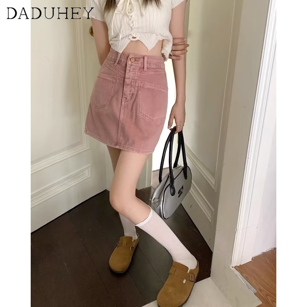 Chân váy denim DADUHEY hồng đất kiểu chữ A ôm hông phối túi cạp cao size lớn thời trang Hàn Quốc