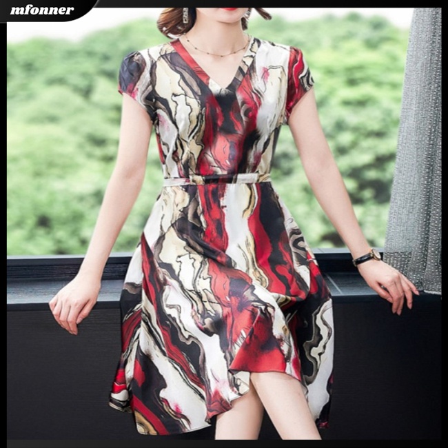 Đầm Tay Ngắn Cổ Chữ V Eo Cao Bằng Lụa Mát In Họa Tiết Thời Trang Dành Cho Nữ