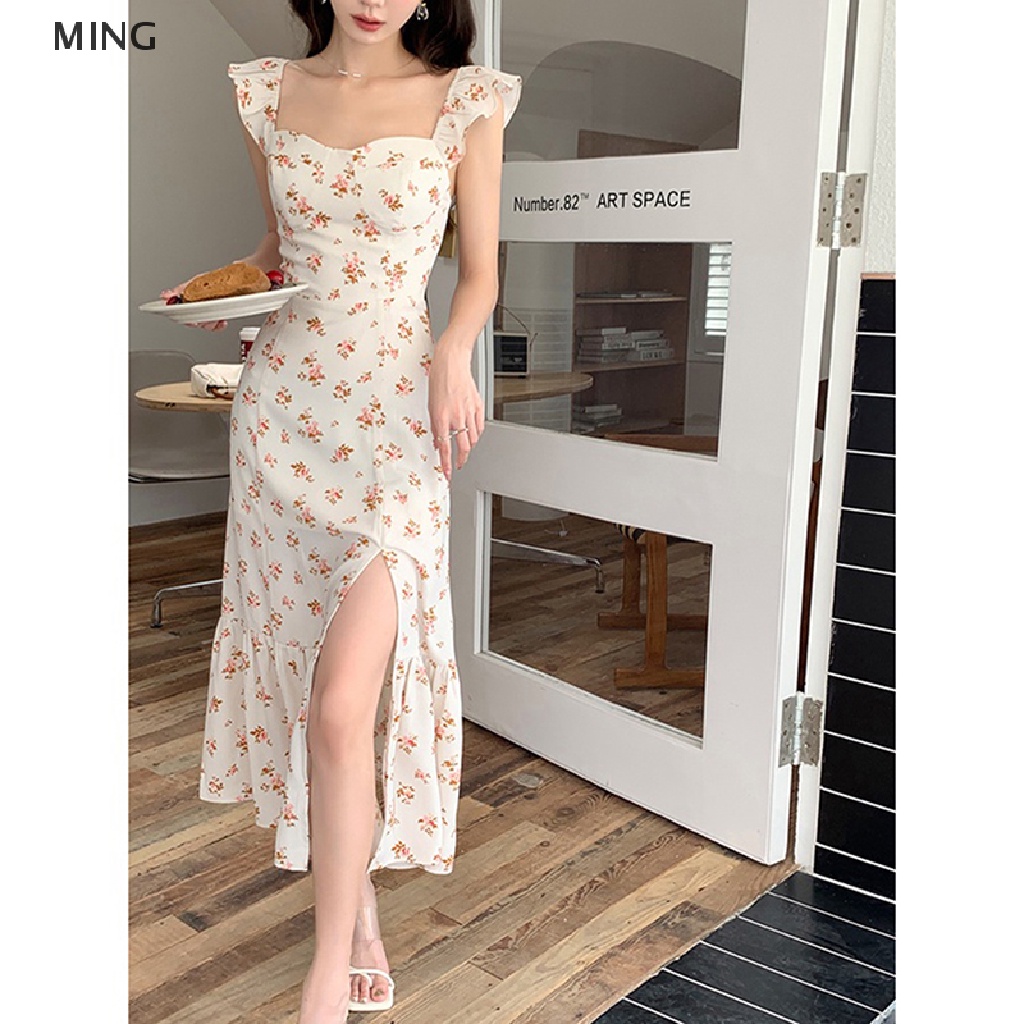 Đầm Midi Không Tay Viền Bèo Lá Sen Họa Tiết Hoa Phong Cách Vintage Nữ Tính Ngọt Ngào