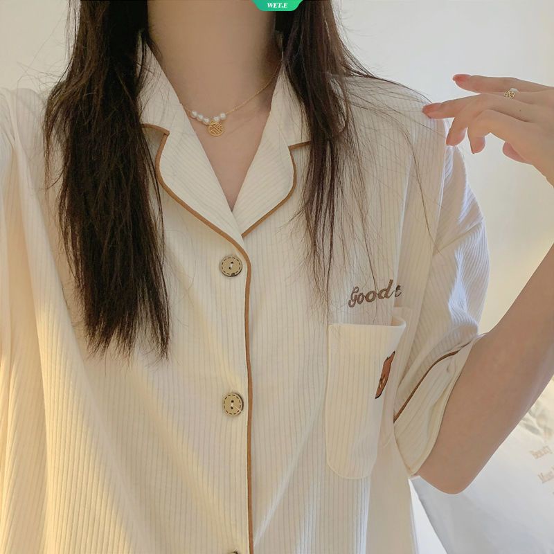 Bộ Đồ Ngủ Tay Ngắn Dáng Rộng In Hình Gấu Dễ Thương Phong Cách Hàn Quốc Thời Trang Mùa Hè 2023