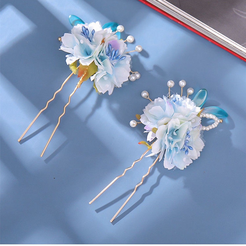 Trâm Cài Tóc Lụa Đính Hoa Màu Xanh Dương Phong Cách Hanfu Cổ Điển