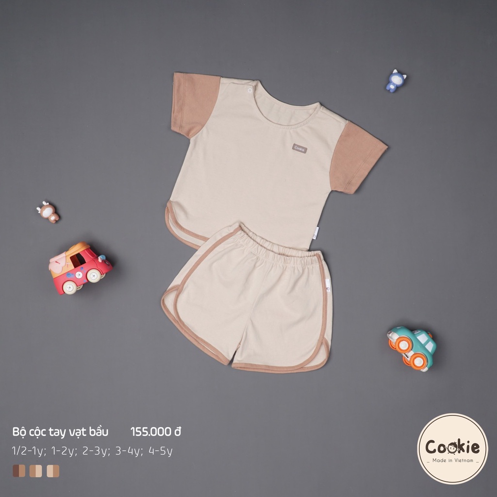 Bộ cộc tay vạt bầu bbes trai bé gái Cookie size 1y-6y chất cotton co giãn thấm hút mồ hôi