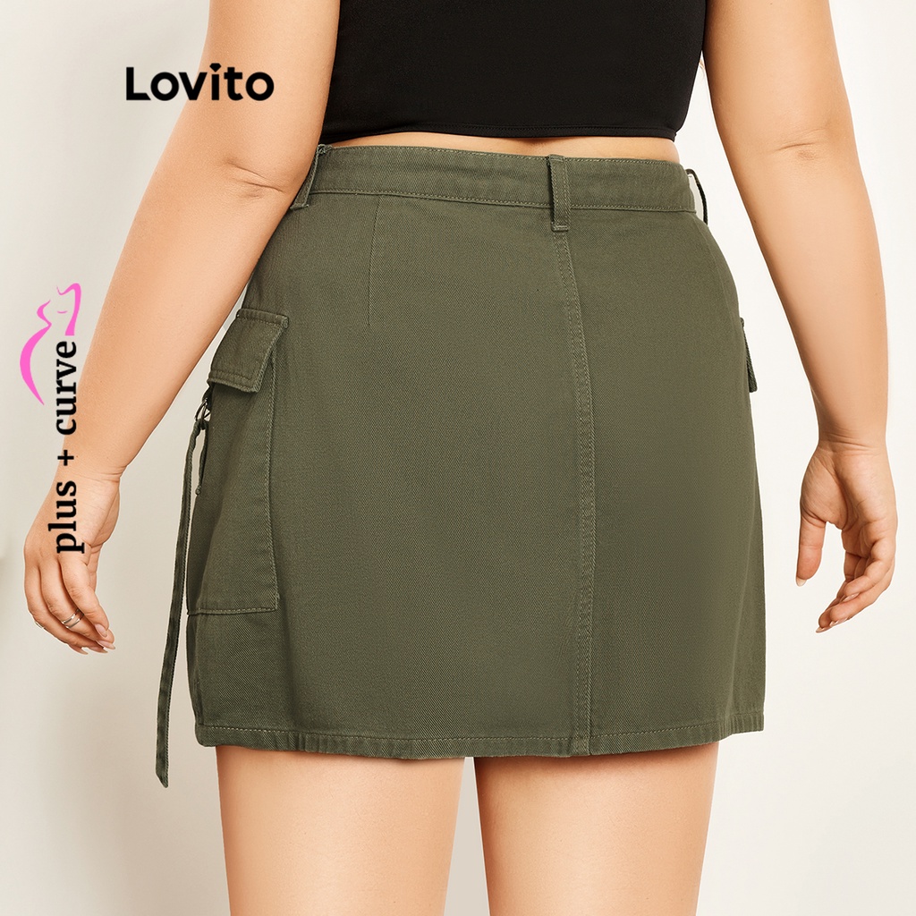 Chân váy Lovito phối dây kéo có túi màu trơn thường ngày tôn đường cong size lớn cho nữ LPS07028 (Màu xanh lá)