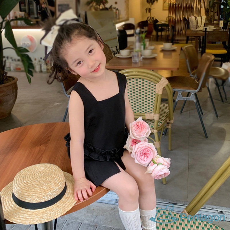 Bộ Áo Cotton Cổ Vuông + Quần Short Dáng Rộng Màu Trơn Thời Trang Mùa Hè Cho Bé Gái
