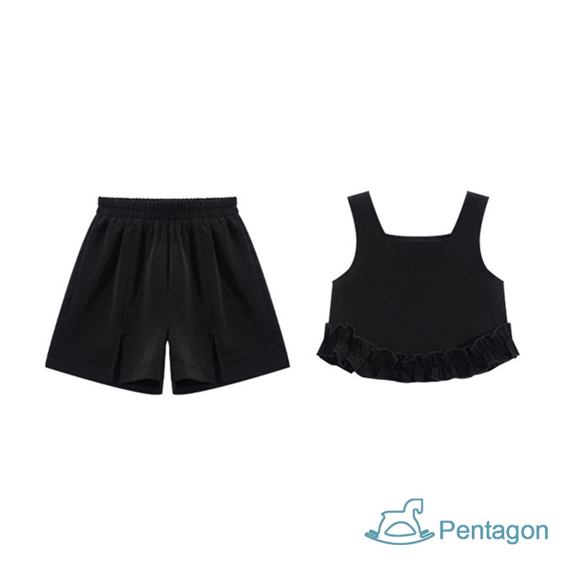 Bộ Áo Cotton Cổ Vuông + Quần Short Dáng Rộng Màu Trơn Thời Trang Mùa Hè Cho Bé Gái