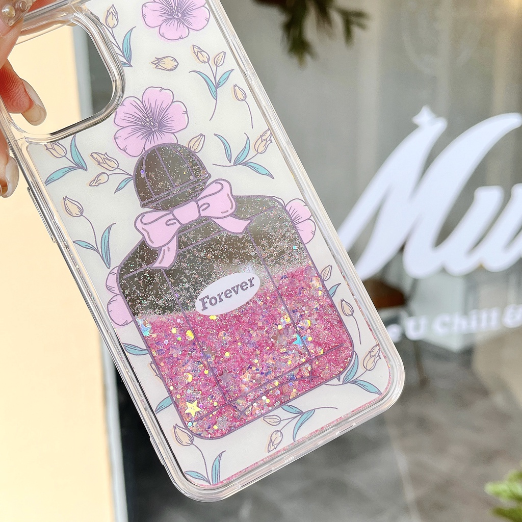 Ốp Điện Thoại TPU Trong Suốt Họa Tiết Hoa Phối Cát Lún Màu Hồng Chống Sốc Cho IPhone 14 13 12 11 Pro Max