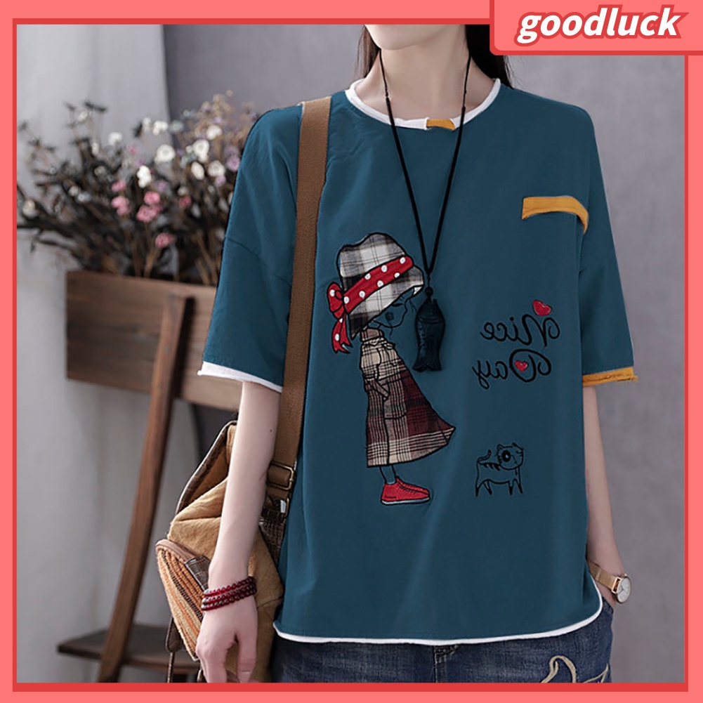 Áo Thun Cotton Tay Ngắn Cổ Tròn In Hình Mèo Hoạt Hình Dành Cho Nữ