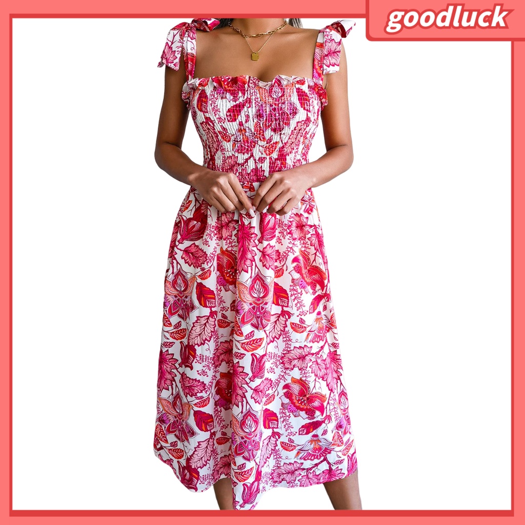 [ULK] Đầm Hai Dây Dáng Rộng Eo Cao Co Giãn In Họa Tiết Hoa Lá Mùa Hè Cho Nữ