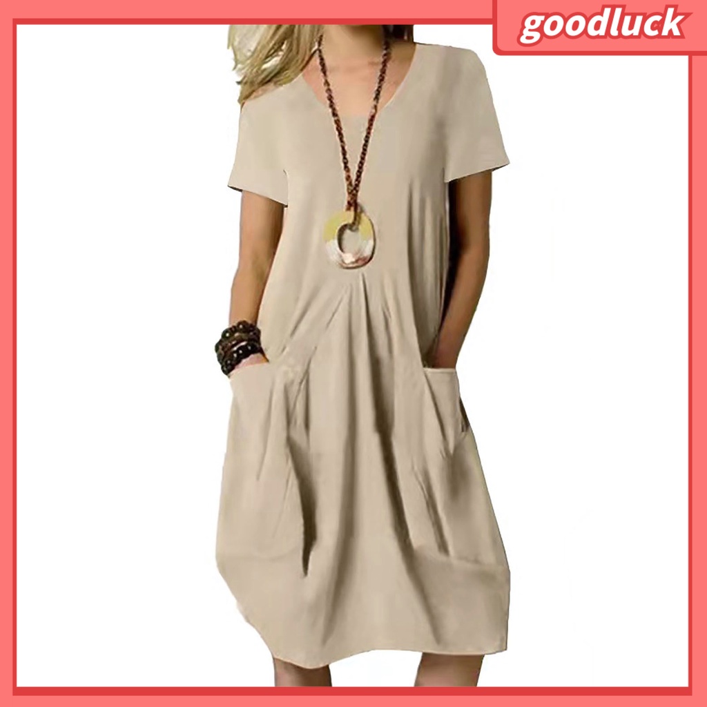 Đầm Tay Ngắn Cổ Tròn Màu Trơn Dáng Rộng Thời Trang Mùa Hè Xinh Xắn Cho Nữ